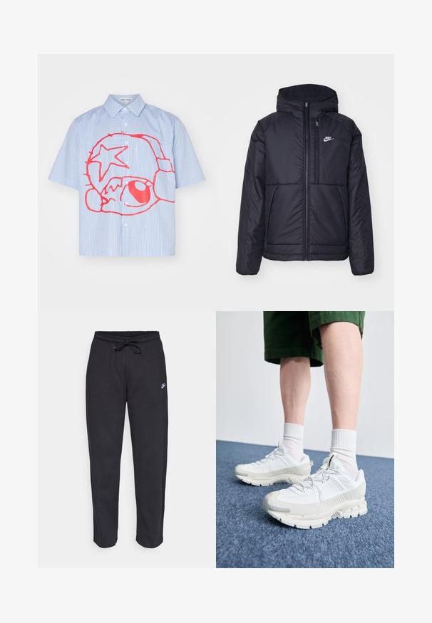 Juodas, paminkštintas Nike džemperis su priekyje užtrauktuku ir gobtuvu. Pasižymi balta logo kairėje krūtinės pusėje ir dviem priekinėmis kišenėmis. Su lygiu išoriniu paviršiumi.; Trumpas rankovėmis mygtukų marškiniai su šviesiai mėlynais ir baltais dryžiais, su ryškiu raudonu grafiniu dizainu, įskaitant žvaigždę ir apvalias formas.; Juodos sportinės kelnės, pagamintos iš minkštos medžiagos, su elastinga juostele, raišteliu ir mažuoju Nike logotipu kairiajame šlaunyje.; Baltos sportinės bateliai su tekstūruotais uždengimais, masyviu padu ir pilkais akcentais. Dėvimi su baltais trumpais kojiniais ir žaliais šortais mėlyname paviršiuje.