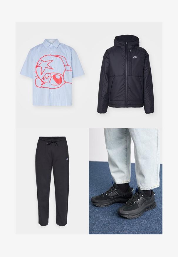 Chaqueta acolchada negra de Nike con cremallera frontal y capucha. Presenta un logo blanco en el lado izquierdo del pecho y dos bolsillos frontales. Textura exterior suave.; Camisa de botones de manga corta con rayas azul claro y blancas, con un destacado diseño gráfico en rojo que incluye una estrella y formas circulares.; Pantalones de chándal negros hechos de una tela suave, con cintura elástica, cordón y un pequeño logo de Nike en el muslo izquierdo.; Zapatillas deportivas negras con tejido texturizado y suelas de goma, con cordones elásticos y un acento azul en el talón. Combinadas con pantalones de mezclilla claros.