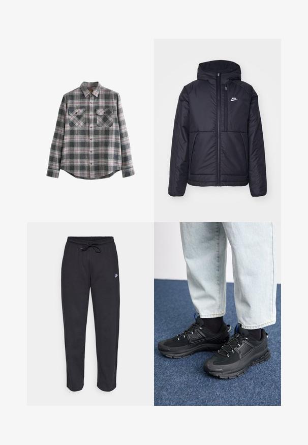 Črna, podložena Nike jakna z sprednjim zadrgo in kapuco. Ima bel logo na levem prsnem delu in dvojna sprednja žepa. Gladka zunanja tekstura.; Siva karirana flanelska srajca z gumbom na ovratniku, dolgimi rokavi, dvema žepoma na prsih in rdečimi ter črnimi detajli na mehki strukturi.; Črne trenirke iz mehkega materiala z elastičnim pasom, vrvico in majhnim logotipom Nike na levem stegnu.; Črne športne čevlje z teksturirano tkanino in gumijastimi podplati, ki imajo elastične vezalke ter modre poudarke na peti. Nosi se z lahkimi denim hlačami.