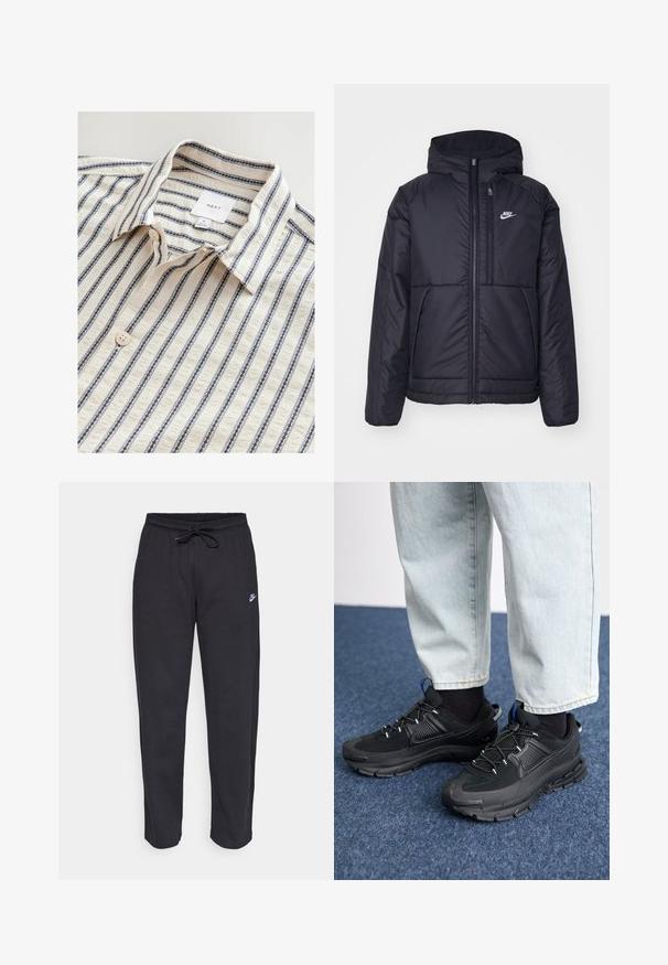 Fekete, párnázott Nike dzseki elülső cipzárral és kapucnival. A bal mellen fehér logó található, valamint két elülső zseb. Simának tűnő külső felület.; Fehér ing kék függőleges csíkokkal, hajtott gallérral, gombos elülső résszel és texturált anyaggal. A márkafelirat belül látható.; Fekete, puha anyagból készült melegítőnadrág, rugalmas derékkal, húzózsinórral és egy kis Nike logóval a bal combján.; Fekete sportcipők texturált anyaggal és gumitalppal, elasztikus fűzőkkel és kék kiegészítővel a saroknál. Világos farmernadrággal viselve.