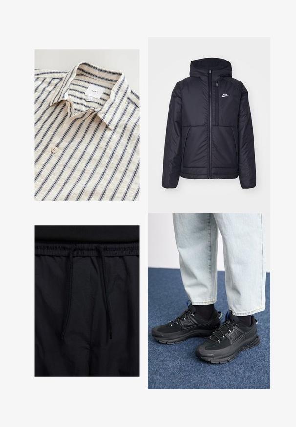 Sort, polstret Nike-jakke med frontlynlås og hætte. Har et hvidt logo på venstre bryst og to frontlommer. Glat ydre tekstur.; Hvid skjorte med blå lodrette striber, med en foldet krave, knaplukning foran og et struktureret stof. Mærket er synligt indeni.; Sorte shorts med snoretræk i taljen, letvægtsstof med en glat tekstur og et simpelt design uden synlige logoer eller mønstre.; Sorte træningssko med tekstureret stof og gummisåler, udstyret med elastiske snørebånd og en blå detalje på hælen. Bæres med lyse denimbukser.