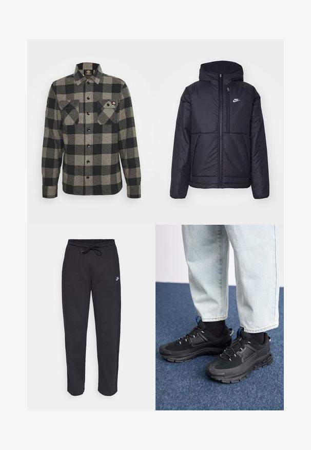 Juodas, paminkštintas Nike džemperis su priekyje užtrauktuku ir gobtuvu. Pasižymi balta logo kairėje krūtinės pusėje ir dviem priekinėmis kišenėmis. Su lygiu išoriniu paviršiumi.; Juodas ir pilkas langeliais flanelinis marškinis su ilgomis rankovėmis, mygtukų užsegimu, dviem krūtinės kišenėmis ir šiek tiek išlenktu hemu. Tekstūruota medžiaga.; Juodos sportinės kelnės, pagamintos iš minkštos medžiagos, su elastinga juostele, raišteliu ir mažuoju Nike logotipu kairiajame šlaunyje.; Juodi sportiniai bateliai su tekstūruota medžiaga ir guminiais padais, su elastingomis raišteliais ir mėlynu akcentu ant kulno. Dėvimi su šviesiai mėlynomis džinsinėmis kelnėmis.