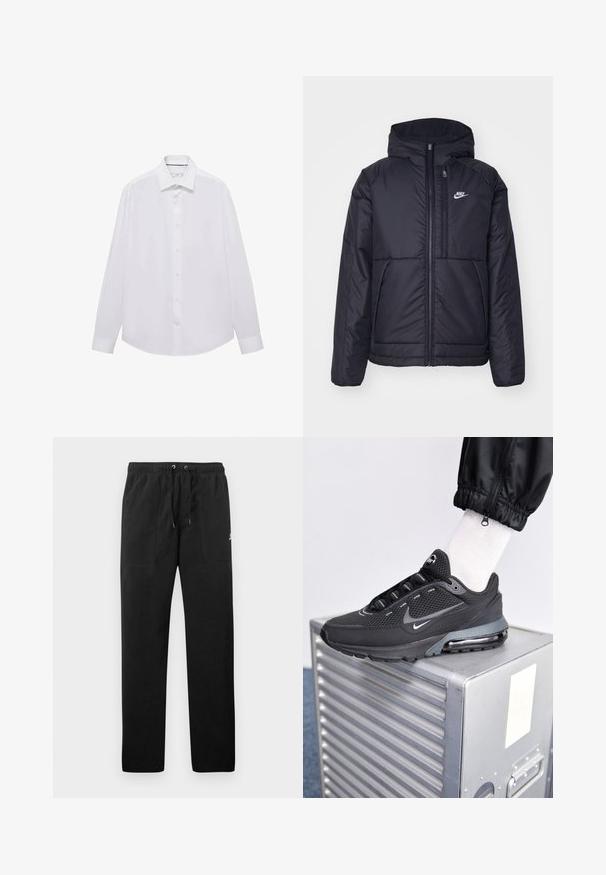 Zwarte, gewatteerde Nike-jas met een voorkant met ritssluiting en capuchon. Kenmerkt zich door een wit logo op de linkerborst en dubbele frontzakken. Gladde buitenkant.; Mango Overhemd - white; Zwarte sweatpants van fleece, met een elastische tailleband met trekkoorden, twee voorzakken en een klein logo op de dij.; Nike Sportswear PULSE - Sneakers laag - black/anthracite