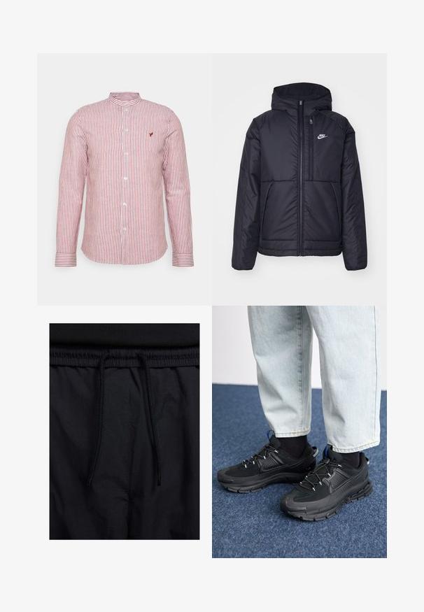 Svart, polstret Nike-jakke med frontglidelås og hette. Har en hvit logo på venstre bryst og doble frontlommer. Glatt ytterside.; Rød og hvit stripete langermet skjorte med mandarin-krage, knappelukking foran, og liten logo-detalj på brystet. Bomullsstoff.; Sorte shorts med snor i livet, lett stoff med en jevn tekstur, og et enkelt design uten synlige logoer eller mønstre.; Svarte sportssko med teksturert stoff og gummisåler, med elastiske lisser og en blå detalj på hælen. Brukt med lyse denimbukser.