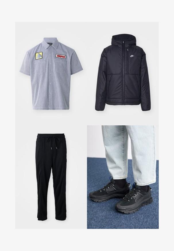 Must musta Nike jope, millel on ees lukuga avamine ja kapuuts. Vasakpoolne rind on kaunistatud valge logoga ning ees on kaks taskut. Sile välimine tekstuur.; Lühikeste varrukatega, krae ja tumesinise ning valge triibulise kangaga särk. Omab kahte tikandiga patchi rinna piirkonnas ja nupplisti.; Mustad nööridega vööga igapäevased mustad püksid, külgseamipocketid ja sirge sääre lõikega, ühtlasel taustal.; Mustad mustad jooksukingad, millel on tekstureeritud kangas ja kummist tallad, elastsed nöörid ning sinine aksent kandadel. Kandmine heledate teksadega.