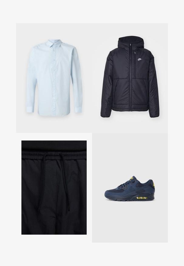 Zwarte, gewatteerde Nike-jas met een voorkant met ritssluiting en capuchon. Kenmerkt zich door een wit logo op de linkerborst en dubbele frontzakken. Gladde buitenkant.; Lichtblauwe longsleeve shirt van gladde stof, met een knoopsluiting aan de voorkant, standaardkraag en knoopmanchetten.; Zwarte shorts met een drawstring tailleband, lichtgewicht stof met een zachte textuur en een eenvoudig ontwerp zonder zichtbare logo's of patronen.; Marineblauwe Nike Air Max sneakers met een bovenwerk van suede en mesh, voorzien van gele accenten, vetersluiting aan de voorkant en zichtbare luchtvering in de zool.