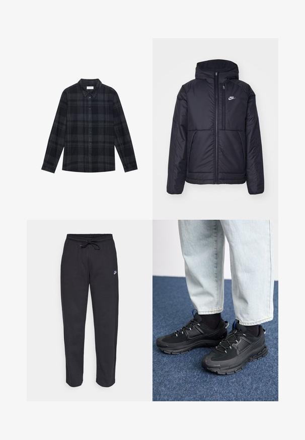 Svart, polstret Nike-jakke med frontglidelås og hette. Har en hvit logo på venstre bryst og doble frontlommer. Glatt ytterside.; Svart og grå rutete skjorte laget av flanell, med knapplukking foran, lange ermer og en klassisk kragedesign.; Sorte sweatpants laget av mykt stoff med elastisk midjebånd, snøring og en liten Nike-logo på venstre lår.; Svarte sportssko med teksturert stoff og gummisåler, med elastiske lisser og en blå detalj på hælen. Brukt med lyse denimbukser.