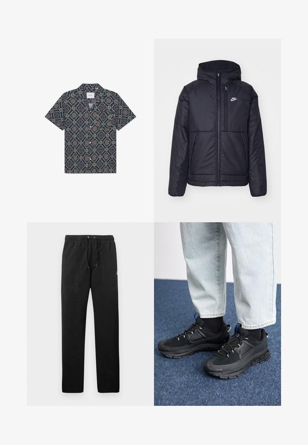 Svart, polstret Nike-jakke med frontglidelås og hette. Har en hvit logo på venstre bryst og doble frontlommer. Glatt ytterside.; Kortermet skjorte med mørkeblått stoff og et geometrisk blomstermønster i sterke farger, knappestolpe foran og en avslappet krage.; Sorte joggebukser laget av fleece, med elastisk liv med snøring, to frontlommer og en liten logo på låret.; Svarte sportssko med teksturert stoff og gummisåler, med elastiske lisser og en blå detalj på hælen. Brukt med lyse denimbukser.
