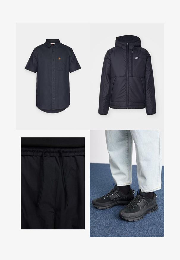 Črna, podložena Nike jakna z sprednjim zadrgo in kapuco. Ima bel logo na levem prsnem delu in dvojna sprednja žepa. Gladka zunanja tekstura.; Kratka majica s dugim rukavima iz tamno mornarskog platna, s prsnom džepom i malim logom na gornjoj lijevoj strani.; Črne kratke hlače z vrvico v pasu, lahkotna tkanina z gladko teksturo in preprosto zasnovo brez vidnih logotipov ali vzorcev.; Črne športne čevlje z teksturirano tkanino in gumijastimi podplati, ki imajo elastične vezalke ter modre poudarke na peti. Nosi se z lahkimi denim hlačami.