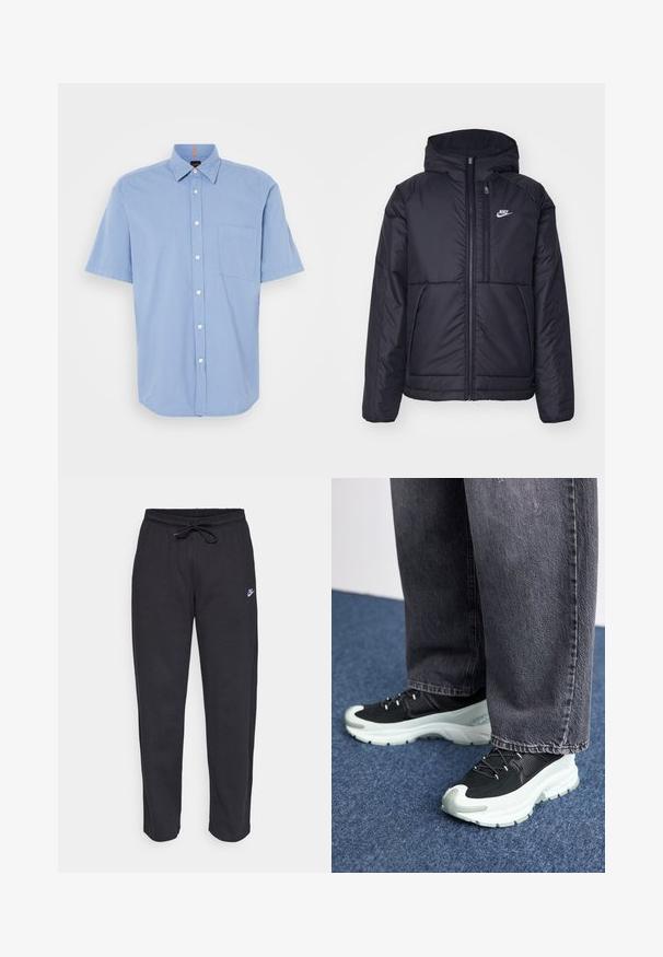 Jachetă Nike neagră, căptușită, cu fermoar pe față și glugă. Prezintă un logo alb pe pieptul stâng și două buzunare frontale. Textură exterioară netedă.; Cămașă cu mânecă scurtă, de culoare albastru deschis, confecționată dintr-un material ușor, având un buzunar pe piept și un guler clasic cu butoni albi.; Pantaloni de trening negri dintr-un material moale, cu talie elastică, șnur de ajustare și un mic logo Nike pe coapsa stângă.; Pantofi sport negri cu un superior din țesătură texturată, talpă intermediară albă, șireturi negre și talpă din cauciuc, asortați cu blugi gri cu croi larg.