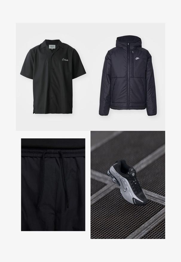 Černá zateplená bunda Nike s předním zipem a kapucí. Na levé straně hrudi má bílé logo a dvojité přední kapsy. Hladký povrch.; Černá krátká košile s krátkým rukávem a klopovým límcem, s bílým vyšitým logem na hrudi a volným střihem.; Černé šortky s páskem na šňůrku, lehký materiál s hladkou texturou a jednoduchý design bez viditelných log nebo vzorů.; Sportovní obuv Nike s černo-stříbrným designem. Vyrobena z umělého materiálu s síťovinou a podpůrnou podrážkou s viditelným vzduchovým polstrováním.