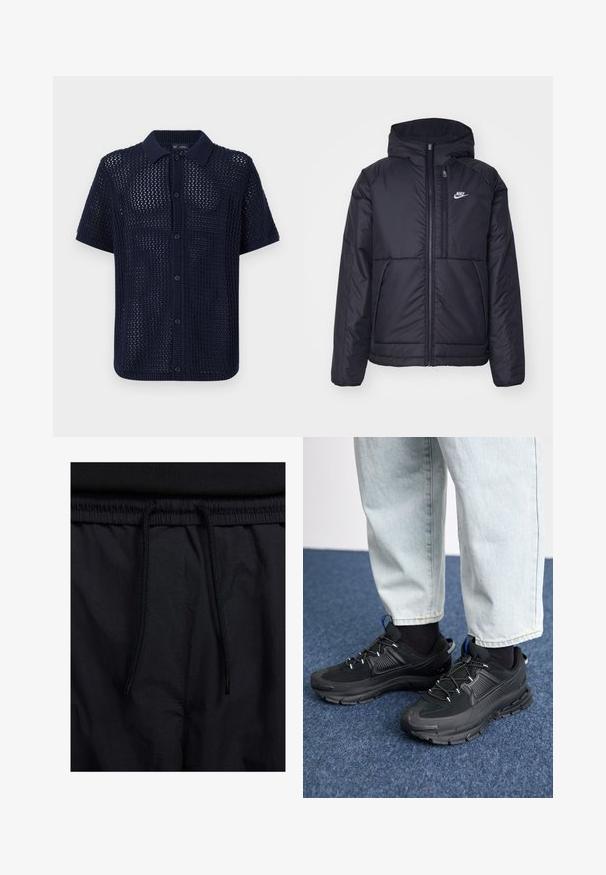 Fekete, párnázott Nike dzseki elülső cipzárral és kapucnival. A bal mellen fehér logó található, valamint két elülső zseb. Simának tűnő külső felület.; Tengerészkék, rövid ujjú, kötött póló, amelynek texturált, nyitott szövete van, gombos elülső része és bordázott gallérja valamint mandzsettái. Hat gomb található rajta.; Fekete rövidnadrág, húzózsinórral ellátott derékrésszel, könnyű anyagból, sima felszínen, egyszerű dizájnnal, látható logók vagy minták nélkül.; Fekete sportcipők texturált anyaggal és gumitalppal, elasztikus fűzőkkel és kék kiegészítővel a saroknál. Világos farmernadrággal viselve.