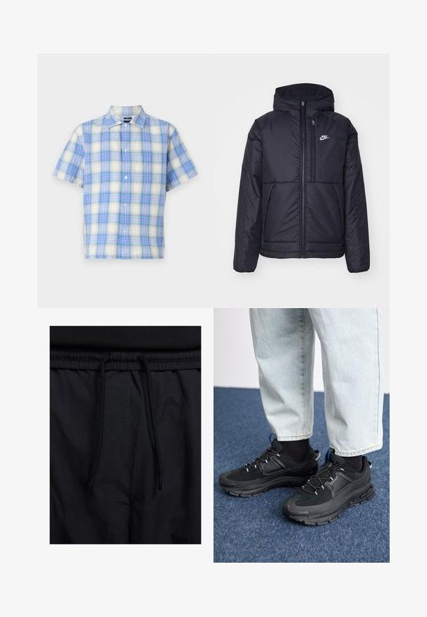 Črna, podložena Nike jakna z sprednjim zadrgo in kapuco. Ima bel logo na levem prsnem delu in dvojna sprednja žepa. Gladka zunanja tekstura.; Kratka majica s kratkimi rokavi iz lahkotnega materiala, ki ima modro-belo karo vzorčenje z svetlo rožnatimi detajli. Vsebuje žep na prsih in gumbe.; Črne kratke hlače z vrvico v pasu, lahkotna tkanina z gladko teksturo in preprosto zasnovo brez vidnih logotipov ali vzorcev.; Črne športne čevlje z teksturirano tkanino in gumijastimi podplati, ki imajo elastične vezalke ter modre poudarke na peti. Nosi se z lahkimi denim hlačami.