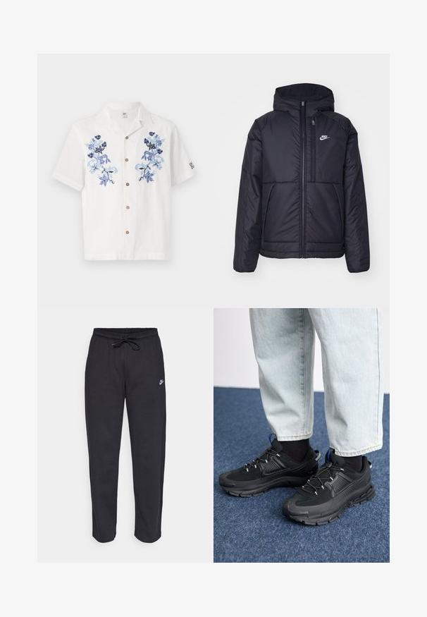 Casaco Nike preto, acolchoado, com fecho à frente e capuz. Apresenta um logo branco no lado esquerdo do peito e dois bolsos frontais. Textura exterior lisa.; Camisa branca de mangas curtas com bordado floral azul, botões castanhos à frente e um design de colarinho descontraído.; Calças de treino pretas feitas de tecido suave, com faixa elástica na cintura, cordão regulador e um pequeno logótipo da Nike na coxa esquerda.; Sapatilhas desportivas pretas com tecido texturizado e solas em borracha, apresentando atacadores elásticos e um detalhe azul no calcanhar. Usadas com calças de ganga claras.