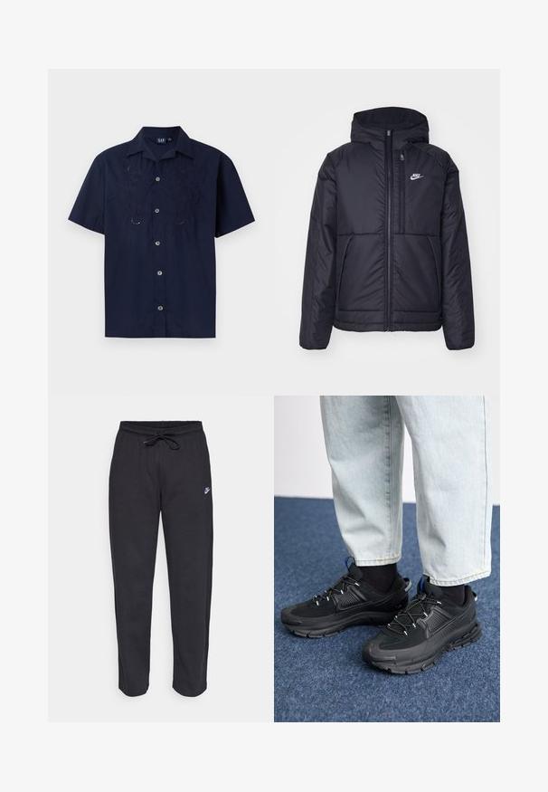 Čierna, polstrovaná bunda Nike so zipsom vpredu a kapucňou. Na ľavej strane hrude sa nachádza biele logo a sú tu dva predné vrecká. Hladký vonkajší povrch.; Námornícka košeľa s krátkym rukávom so vyšívanými kvetinovými vzormi, so zapínaním na gombíky a klasickým golierom. Vyrobená z ľahkej tkaniny.; Čierne tepláky vyrobené z mäkkej tkaniny s elastickým pásom, sťahovacou šnúrkou a malým logom Nike na ľavom stehne.; Čierne športové topánky s textúrovanou tkaninou a gumovou podrážkou, so elastickými šnúrkami a modrým akcentom na päte. Nosia sa s svetlými riflami.