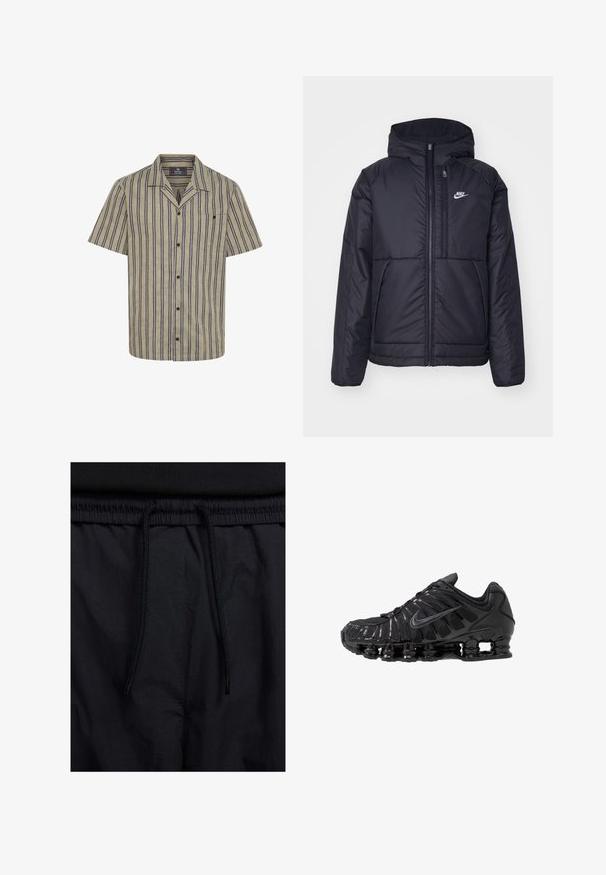 Svart, vadderad Nike-jacka med dragkedja framtill och huva. Har en vit logotyp på vänster bröst och dubbla framfickor. Slät yttextur.; Kortärmad skjorta i ljus beige med marinblå vertikala ränder, en bröstficka, krage och knapplist.; Ung man med kort lockigt hår iförd en enkel vit t-shirt med kort ärm och blå jeans, stående med händerna i fickorna.; Svarta shorts med dragsko i midjan, lättviktig tyg med en slät yta och en enkel design utan synliga logotyper eller mönster.; Svarta sportskor i mesh och syntetmaterial med ett karakteristiskt vågmönster, svart gummisula och reflekterande detaljer.