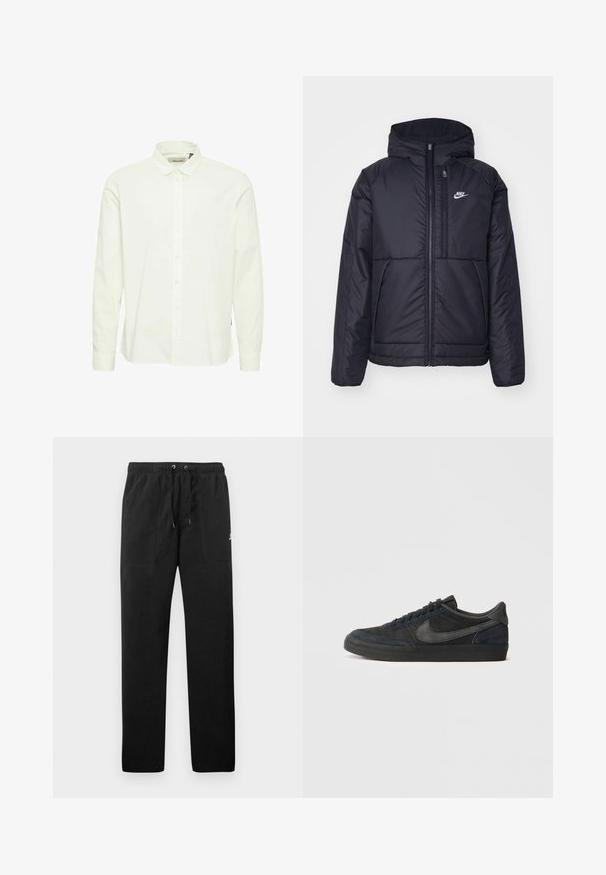 Veste Nike noire rembourrée avec une fermeture éclair sur le devant et une capuche. Elle présente un logo blanc sur la poitrine gauche et deux poches avant. Texture extérieure lisse.; Chemise blanche en coton à manches longues avec col boutonné, patte de boutonnage à l'avant et poignets boutonnés ; présente une finition texturée subtile.; Pantalons de survêtement noirs en polaire, dotés d'une taille élastique avec cordons de serrage, de deux poches avant et d'un petit logo sur la cuisse.; Baskets en daim noir à profil bas, semelle en caoutchouc, panneaux latéraux texturés et logo Nike en ton sur ton. Lacets à l'avant, col rembourré.
