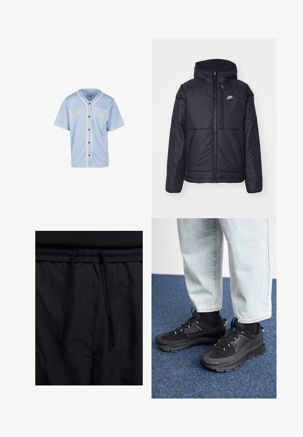 Juodas, paminkštintas Nike džemperis su priekyje užtrauktuku ir gobtuvu. Pasižymi balta logo kairėje krūtinės pusėje ir dviem priekinėmis kišenėmis. Su lygiu išoriniu paviršiumi.; Šviesiai mėlyna beisbolo marškinėliai, pagaminti iš lygios medžiagos. Jiems būdingas baltas apvadas ir užrašas "KARL KANI" išsiuvinėtas per krūtinę ryškiomis raidėmis, juodi mygtukai.; Juodos šortai su raišteliu juosmens srityje, lengva medžiaga su lygiu paviršiumi ir paprastas dizainas be matomų logotipų ar raštų.; Juodi sportiniai bateliai su tekstūruota medžiaga ir guminiais padais, su elastingomis raišteliais ir mėlynu akcentu ant kulno. Dėvimi su šviesiai mėlynomis džinsinėmis kelnėmis.