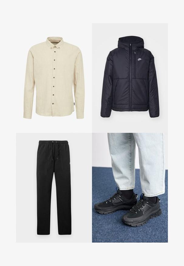 Sort, polstret Nike-jakke med frontlynlås og hætte. Har et hvidt logo på venstre bryst og to frontlommer. Glat ydre tekstur.; Beige langærmet skjorte lavet af struktureret stof, med en skjortekrave og mørke knapper foran.; Sorte sweatpants lavet af fleece, med en elastisk talje med snore, to frontlommer og et lille logo på låret.; Sorte træningssko med tekstureret stof og gummisåler, udstyret med elastiske snørebånd og en blå detalje på hælen. Bæres med lyse denimbukser.