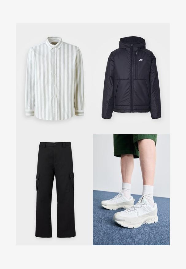 Melna, pufota Nike jaka ar priekšējo rāvējslēdzēju un kapuci. Iezīmēta ar baltu logotipu uz kreisās krūtis un divām priekšējām kabatām. Gluda ārējā tekstūra.; Svītraina krekla ar pogām baltā un gaiši pelēkā krāsā, izgatavots no austas auduma. Iezīmējas ar apkakli un pogu aprocēm ar kontrastējošu svītru akcentu.; Melni kargo bikses ar taisnu kāju dizainu. Izgatavotas no izturīga auduma, ar divām sānu kabatām ar atloki un pogu aizdari.; Baltas sporta apavi ar teksturētām detaļām, masīvu zoli un pelēkiem akcentiem. Valkāti ar baltiem zeķu pēdu apģērbiem un zaļām šortiem uz zilas virsmas.