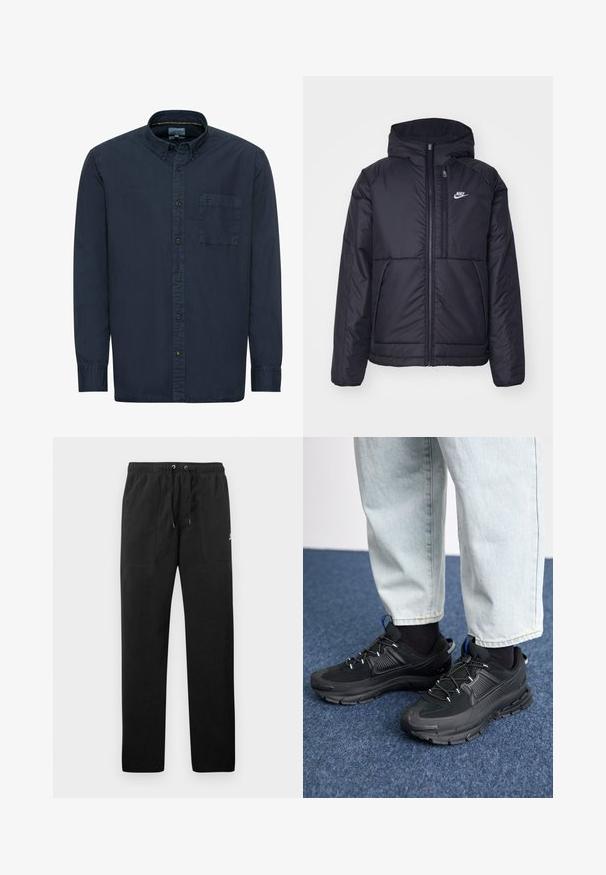 Zwarte, gewatteerde Nike-jas met een voorkant met ritssluiting en capuchon. Kenmerkt zich door een wit logo op de linkerborst en dubbele frontzakken. Gladde buitenkant.; Marineblauwe button-up shirt van katoen. Voorzien van een standaardkraag, lange mouwen, een enkele borstzak en subtiele stiksels.; Zwarte sweatpants van fleece, met een elastische tailleband met trekkoorden, twee voorzakken en een klein logo op de dij.; Zwarte sportschoenen met gestructureerde stof en rubberen zolen, met elastische veters en een blauwe accent op de hiel. Draag samen met lichte spijkerbroeken.