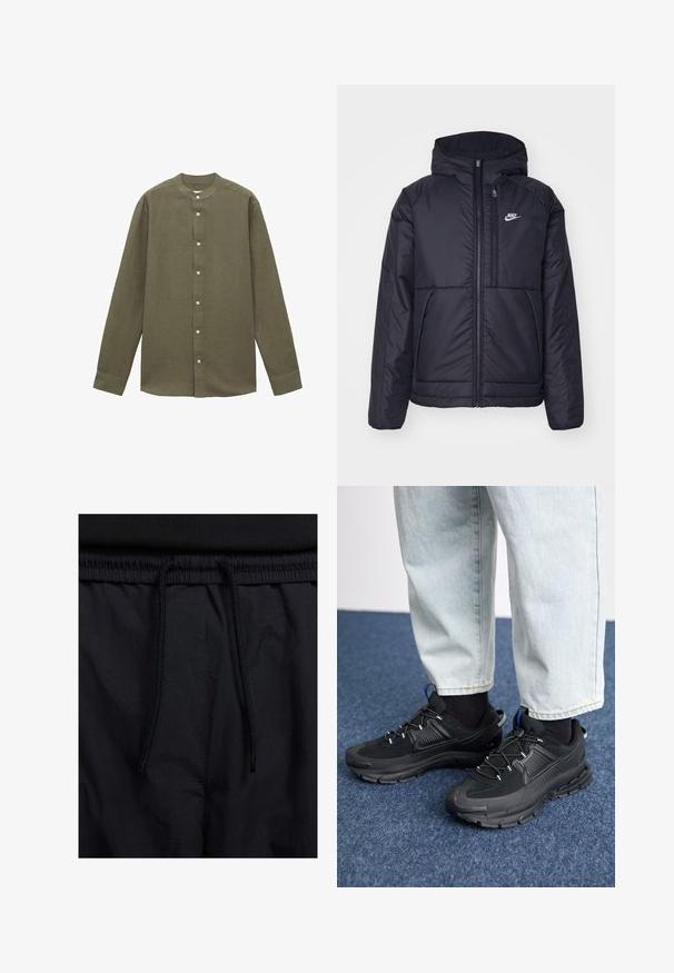 Črna, podložena Nike jakna z sprednjim zadrgo in kapuco. Ima bel logo na levem prsnem delu in dvojna sprednja žepa. Gladka zunanja tekstura.; Srajca z dolgimi rokavi v olivno zeleni barvi z ovratnikom z band, izdelana iz teksturirane tkanine, z zapiranjem na gumbe spredaj in manšetami z enim gumbom.; Črne kratke hlače z vrvico v pasu, lahkotna tkanina z gladko teksturo in preprosto zasnovo brez vidnih logotipov ali vzorcev.; Črne športne čevlje z teksturirano tkanino in gumijastimi podplati, ki imajo elastične vezalke ter modre poudarke na peti. Nosi se z lahkimi denim hlačami.