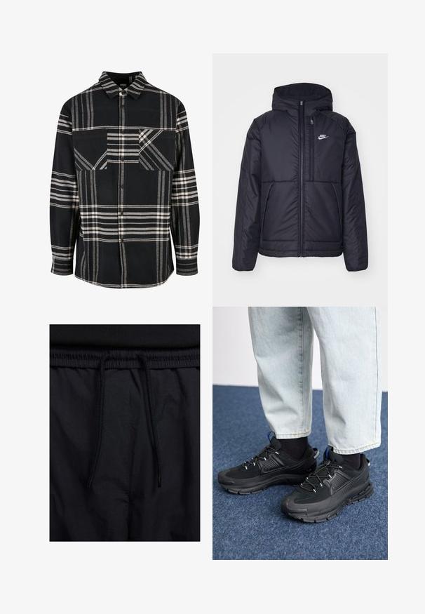 Fekete, párnázott Nike dzseki elülső cipzárral és kapucnival. A bal mellen fehér logó található, valamint két elülső zseb. Simának tűnő külső felület.; Fekete-fehér kockás flanel ing, gallérral, gombos elülső résszel és két elülső zsebbel. Átlós minták és texturált anyag jellemzi.; Fekete rövidnadrág, húzózsinórral ellátott derékrésszel, könnyű anyagból, sima felszínen, egyszerű dizájnnal, látható logók vagy minták nélkül.; Fekete sportcipők texturált anyaggal és gumitalppal, elasztikus fűzőkkel és kék kiegészítővel a saroknál. Világos farmernadrággal viselve.