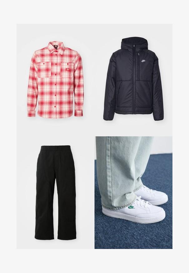 Casaco Nike preto, acolchoado, com fecho à frente e capuz. Apresenta um logo branco no lado esquerdo do peito e dois bolsos frontais. Textura exterior lisa.; Camisa de flanela em padrão xadrez vermelho e branco, com mangas longas, fecho por botões à frente, dois bolsos no peito e um rótulo à esquerda. Textura suave.; Calças de algodão pretas com cintura elástica, design de perna larga e grandes bolsos laterais. O tecido parece suave com uma textura lisa.; Tênis de couro brancos com logo verde da Nike, bico redondo, sola plana, combinados com calças de denim azul claro, exibidos sobre um tapete azul.