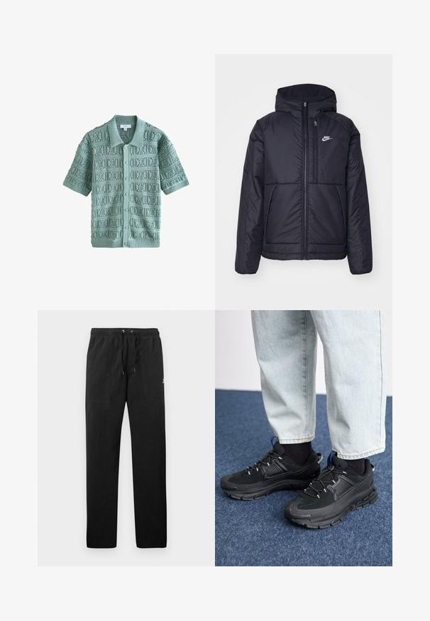 Sort, polstret Nike-jakke med frontlynlås og hætte. Har et hvidt logo på venstre bryst og to frontlommer. Glat ydre tekstur.; Strikket kortærmet cardigan i blød mintgrøn, med et tekstureret mønster med firkantede motiver, ribbet krave og fem knapper.; Sorte sweatpants lavet af fleece, med en elastisk talje med snore, to frontlommer og et lille logo på låret.; Sorte træningssko med tekstureret stof og gummisåler, udstyret med elastiske snørebånd og en blå detalje på hælen. Bæres med lyse denimbukser.