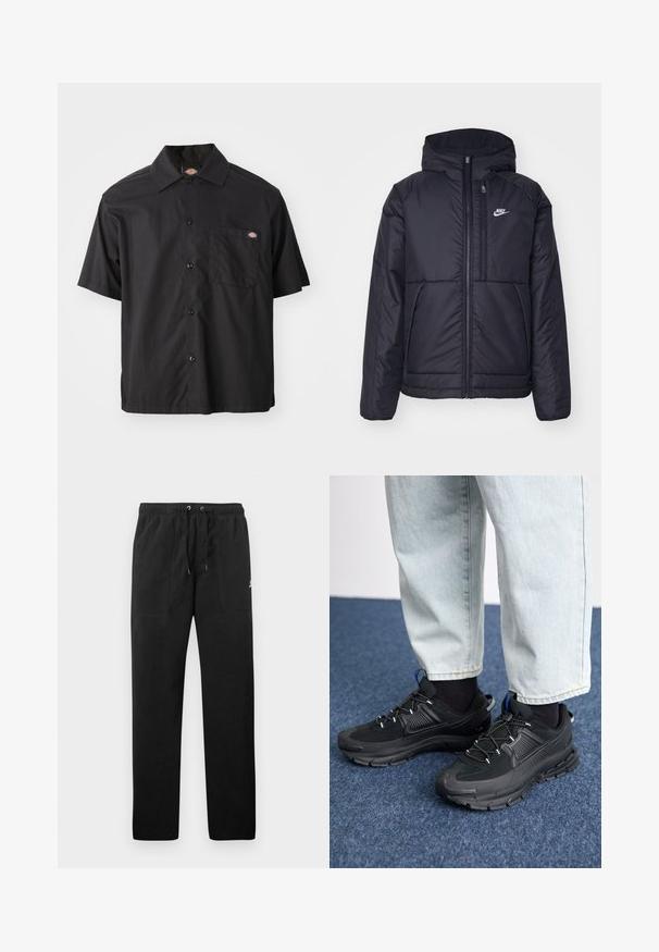 Svart, polstret Nike-jakke med frontglidelås og hette. Har en hvit logo på venstre bryst og doble frontlommer. Glatt ytterside.; Svart kortermet skjorte med knapper laget av bomull, med en enkelt brystlomme og logo-patch. Glatt tekstur og avslappet passform.; Sorte joggebukser laget av fleece, med elastisk liv med snøring, to frontlommer og en liten logo på låret.; Svarte sportssko med teksturert stoff og gummisåler, med elastiske lisser og en blå detalj på hælen. Brukt med lyse denimbukser.