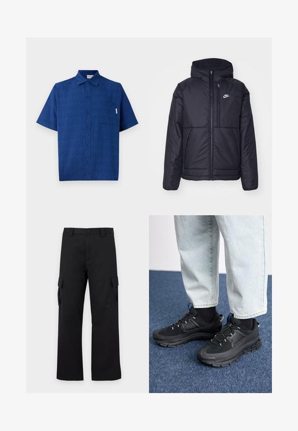 Črna, podložena Nike jakna z sprednjim zadrgo in kapuco. Ima bel logo na levem prsnem delu in dvojna sprednja žepa. Gladka zunanja tekstura.; Blu majica s kratkimi rokavi iz teksturirane tkanine z diskretnim vzorcem, z zapenjanjem spredaj in enim žepom na prsih.; Črne cargo hlače s ravnim krojem. Narejene so iz trpežnega materiala in imajo dve stranski žepi s poklopcem ter gumbasto zaponko.; Črne športne čevlje z teksturirano tkanino in gumijastimi podplati, ki imajo elastične vezalke ter modre poudarke na peti. Nosi se z lahkimi denim hlačami.