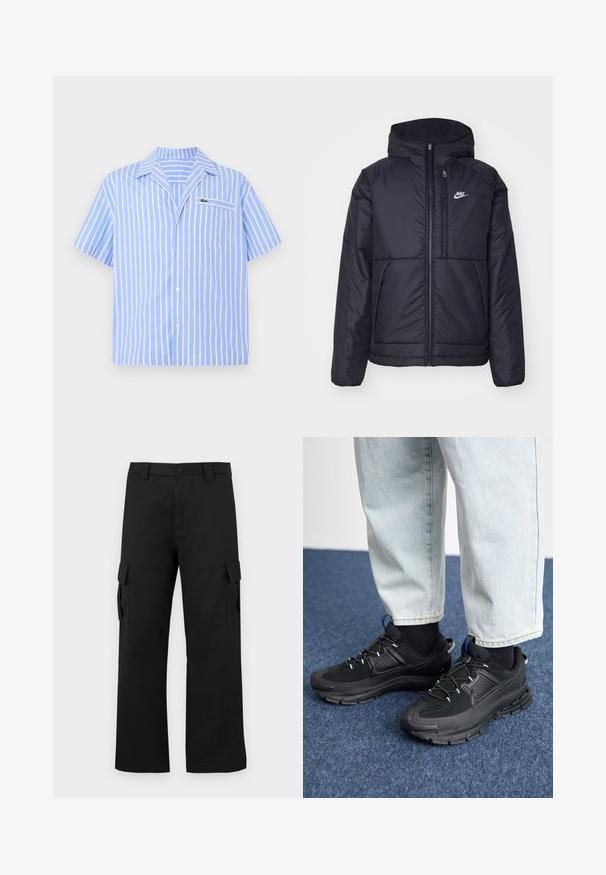 Must musta Nike jope, millel on ees lukuga avamine ja kapuuts. Vasakpoolne rind on kaunistatud valge logoga ning ees on kaks taskut. Sile välimine tekstuur.; Hele halli lühikeste varrukatega nööbitav särk, millel on valged vertikaalsed triibud ja esipockets väikese tikandi krokodilliga.; Mustad mustad püksid sirge lõikega disainiga. Valmistatud vastupidavast kangast, millel on kaks külgtaskut klappidega ja nupuvajutusega esiosa.; Mustad mustad jooksukingad, millel on tekstureeritud kangas ja kummist tallad, elastsed nöörid ning sinine aksent kandadel. Kandmine heledate teksadega.