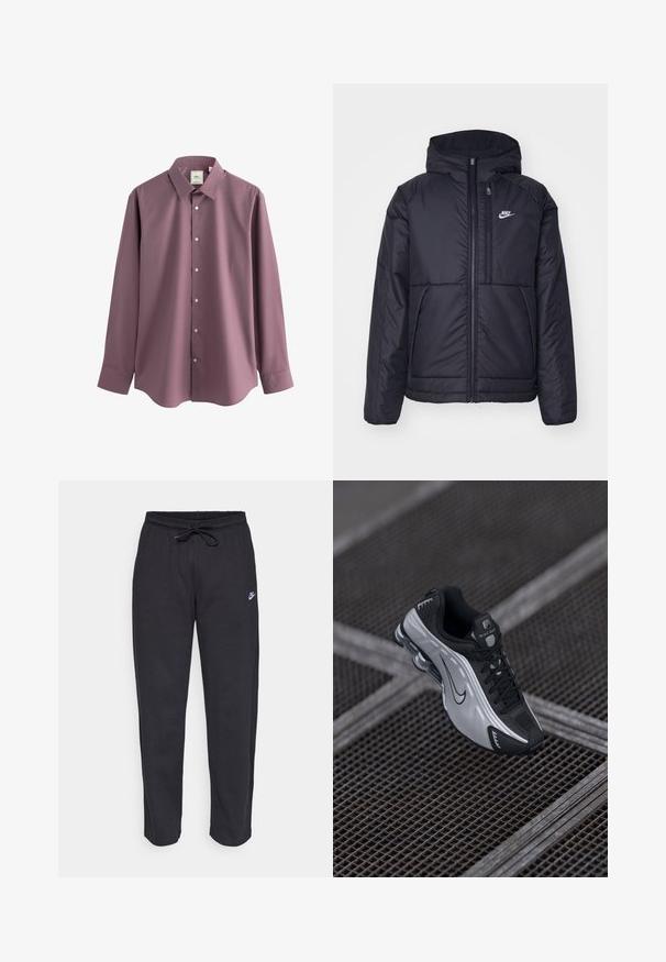 Jachetă Nike neagră, căptușită, cu fermoar pe față și glugă. Prezintă un logo alb pe pieptul stâng și două buzunare frontale. Textură exterioară netedă.; Next REGULAR FIT SINGLE CUFF - Cămașă elegantă - mauve pink; Pantaloni de trening negri dintr-un material moale, cu talie elastică, șnur de ajustare și un mic logo Nike pe coapsa stângă.; Adidașii sport Nike cu un design negru și argintiu. Construiți din material sintetic cu accente din plasă și o talpă suportivă cu amortizare vizibilă.