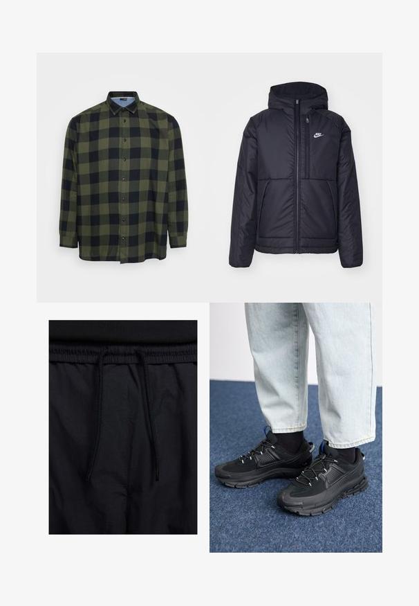 Giacca Nike nera, imbottita, con zip frontale e cappuccio. Presenta un logo bianco sul lato sinistro del petto e doppie tasche frontali. Texture esterna liscia.; Camicia a quadri verde e nera con maniche lunghe, chiusura con bottoni e collo classico. Realizzata in tessuto leggero con una texture liscia.; Shorts neri con vita regolabile tramite coulisse, tessuto leggero con una texture liscia e un design semplice senza loghi o motivi visibili.; Scarpe sportive nere con tessuto testurizzato e suole in gomma, dotate di lacci elastici e un accento blu sul tallone. Indossate con pantaloni in denim chiaro.