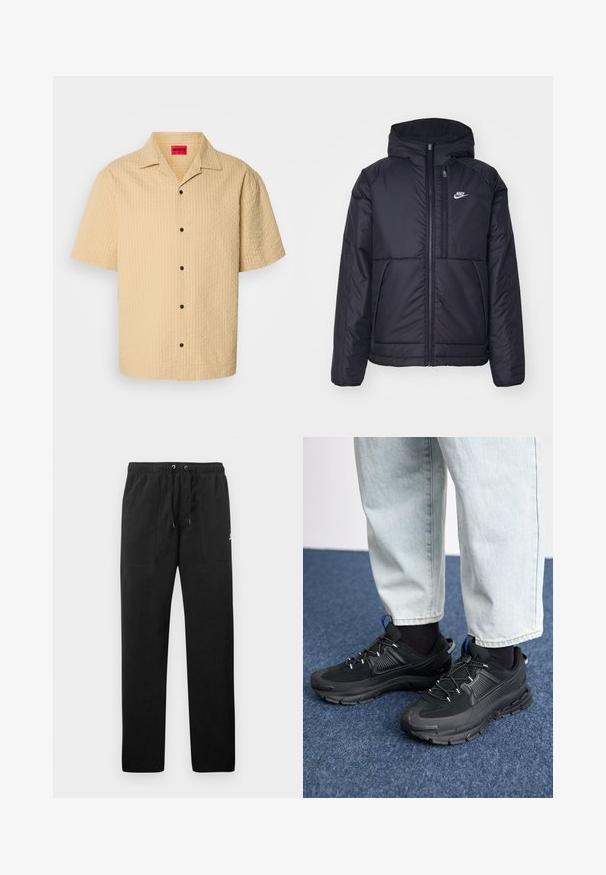 Schwarze, gepolsterte Nike-Jacke mit Frontreißverschluss und Kapuze. Hat ein weißes Logo auf der linken Brust und zwei Fronttaschen. Glattes äußeres Material.; Kurzärmliges, kragenloses Hemd aus hellbeigem, strukturiertem Stoff mit karriertem Muster und schwarzen Knöpfen. Etikett im Nacken sichtbar.; Schwarze Sweatpants aus Fleece, mit einem elastischen Bund mit Kordelzug, zwei Fronttaschen und einem kleinen Logo auf dem Oberschenkel.; Schwarze Sportschuhe aus strukturiertem Stoff mit Gummisohlen, ausgestattet mit elastischen Schnürsenkeln und einem blauen Akzent an der Ferse. Getragen mit hellen Jeans.