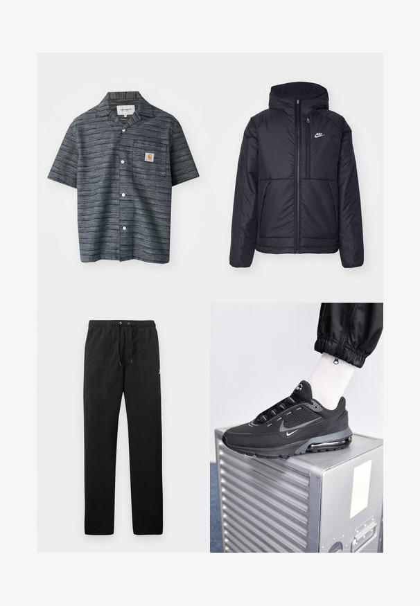 Schwarze, gepolsterte Nike-Jacke mit Frontreißverschluss und Kapuze. Hat ein weißes Logo auf der linken Brust und zwei Fronttaschen. Glattes äußeres Material.; Kurzarmhemd in Dunkelgrau mit gestreiftem Muster, ausgestattet mit einer Brusttasche und einem Carhartt-Logo-Patch.; Schwarze Sweatpants aus Fleece, mit einem elastischen Bund mit Kordelzug, zwei Fronttaschen und einem kleinen Logo auf dem Oberschenkel.; Nike Sportswear PULSE - Sneaker low - black/anthracite