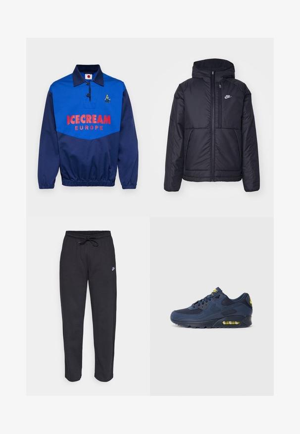 Svart, polstret Nike-jakke med frontglidelås og hette. Har en hvit logo på venstre bryst og doble frontlommer. Glatt ytterside.; Marineblå genser i polyesterblanding med kragedesign, med et stort rødt trykk "ICECREAM EUROPE" og en brodert grafikk.; Sorte sweatpants laget av mykt stoff med elastisk midjebånd, snøring og en liten Nike-logo på venstre lår.; Marineblå Nike Air Max sneakers med overdel i ruskind og mesh, med gule detaljer, snørebånd fortil og synlig luftdæmpning i sålen.