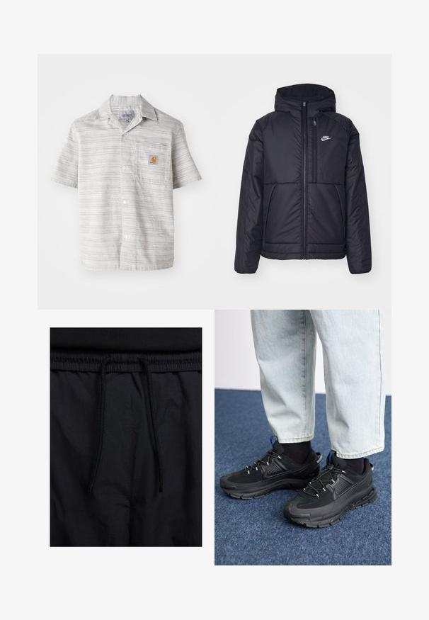 Must musta Nike jope, millel on ees lukuga avamine ja kapuuts. Vasakpoolne rind on kaunistatud valge logoga ning ees on kaks taskut. Sile välimine tekstuur.; Lühikeste varrukatega heledahall särk, millel on vertikaalsed triibud, nööpide ees ja rinna kohal tasku, kus on väike oranž logo. Puuvillase segu kangas.; Mustad lühikesed püksid, millel on paelaga vöökoht, kerge kangas, mis on sileda tekstuuriga ning lihtne disain ilma nähtavate logode või mustriteta.; Mustad mustad jooksukingad, millel on tekstureeritud kangas ja kummist tallad, elastsed nöörid ning sinine aksent kandadel. Kandmine heledate teksadega.