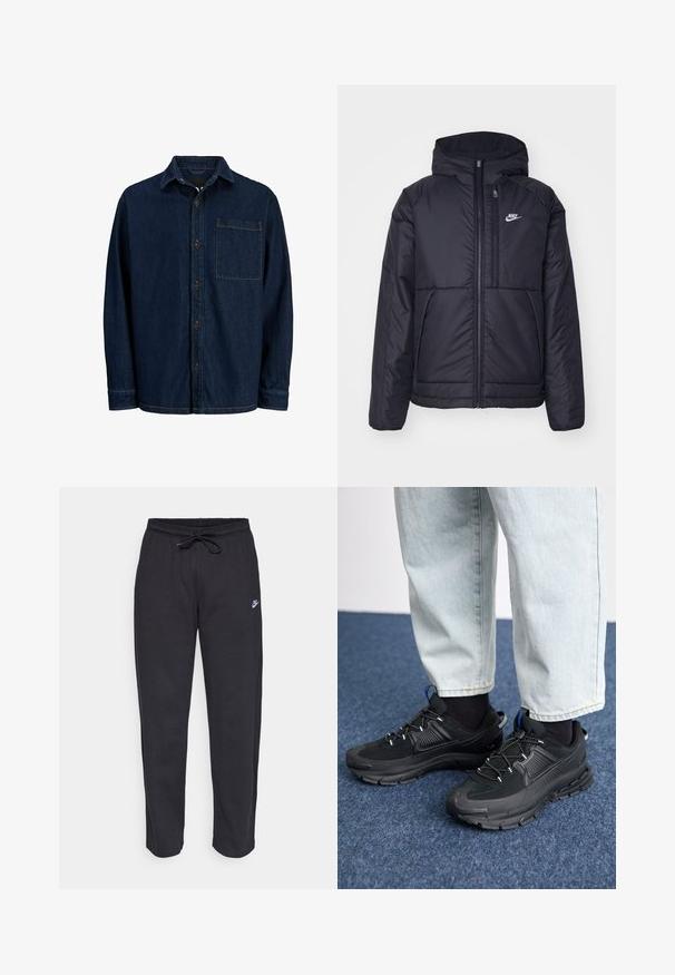 Must musta Nike jope, millel on ees lukuga avamine ja kapuuts. Vasakpoolne rind on kaunistatud valge logoga ning ees on kaks taskut. Sile välimine tekstuur.; Tumesinine klappkraedega nupp-särk pikade varrukatega, mis sisaldab rinna taskut. Omab pruune nuppe ja kollaseid õmblemise aksente.; Mustad mustad, pehmest kangast, elastse vöökoha, nööriga ja väikese Nike logo'ga vasakul reiel.; Mustad mustad jooksukingad, millel on tekstureeritud kangas ja kummist tallad, elastsed nöörid ning sinine aksent kandadel. Kandmine heledate teksadega.