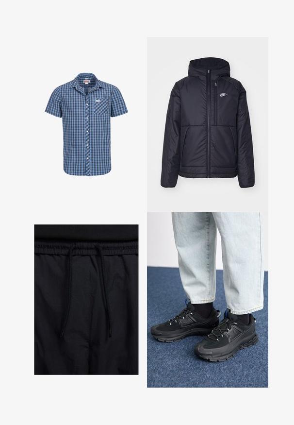 Must musta Nike jope, millel on ees lukuga avamine ja kapuuts. Vasakpoolne rind on kaunistatud valge logoga ning ees on kaks taskut. Sile välimine tekstuur.; Lühikeste varrukatega särk sinise ja musta ruudulise mustriga. Ees on tasku ja rinnal logo. Valmistatud puuvillaste kangast.; Mustad lühikesed püksid, millel on paelaga vöökoht, kerge kangas, mis on sileda tekstuuriga ning lihtne disain ilma nähtavate logode või mustriteta.; Mustad mustad jooksukingad, millel on tekstureeritud kangas ja kummist tallad, elastsed nöörid ning sinine aksent kandadel. Kandmine heledate teksadega.