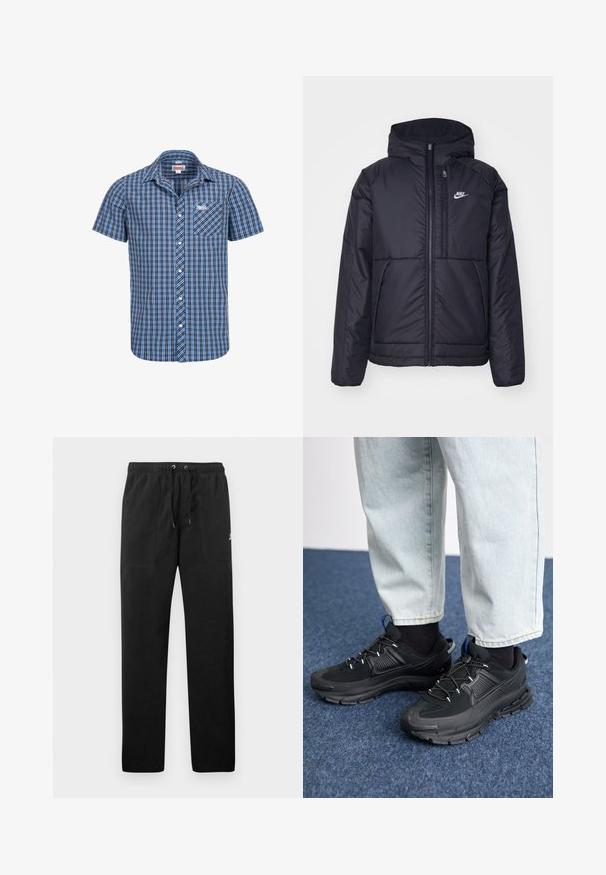 Crna Nike jakna s podstavom, dugmadi sprijeda i kapuljačom. Ima bijeli logotip na lijevoj strani prsnog koša i dva prednja džepa. Glatka vanjska tekstura.; Kratka košulja s kratkim rukavima u plavom i crnom kariranom uzorku. Ima prednju džep i logo na prsima. Izrađena od pamučne tkanine.; Crne trenirke od flisa, s elastičnim pojasom i vezicama, dva prednja džepa i mali logo na butini.; Crne atletske cipele s teksturiranom tkaninom i gumene potplate, s elastičnim vezicama i plavim akcentom na peti. Nosene su s svijetlim trapericama.