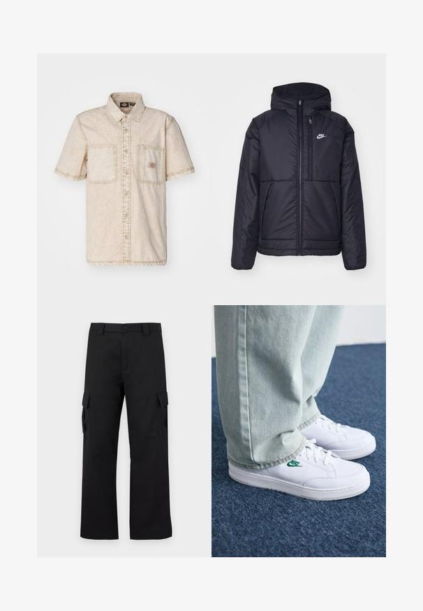 Casaco Nike preto, acolchoado, com fecho à frente e capuz. Apresenta um logo branco no lado esquerdo do peito e dois bolsos frontais. Textura exterior lisa.; Camisa de manga curta bege com fecho de botões à frente, dois bolsos no peito, detalhes de costura visíveis e um colarinho clássico.; Calças cargo pretas com um design de perna reta. Feitas de um tecido durável, apresentam dois bolsos laterais com fechos de aba e um fecho de botão.; Tênis de couro brancos com logo verde da Nike, bico redondo, sola plana, combinados com calças de denim azul claro, exibidos sobre um tapete azul.