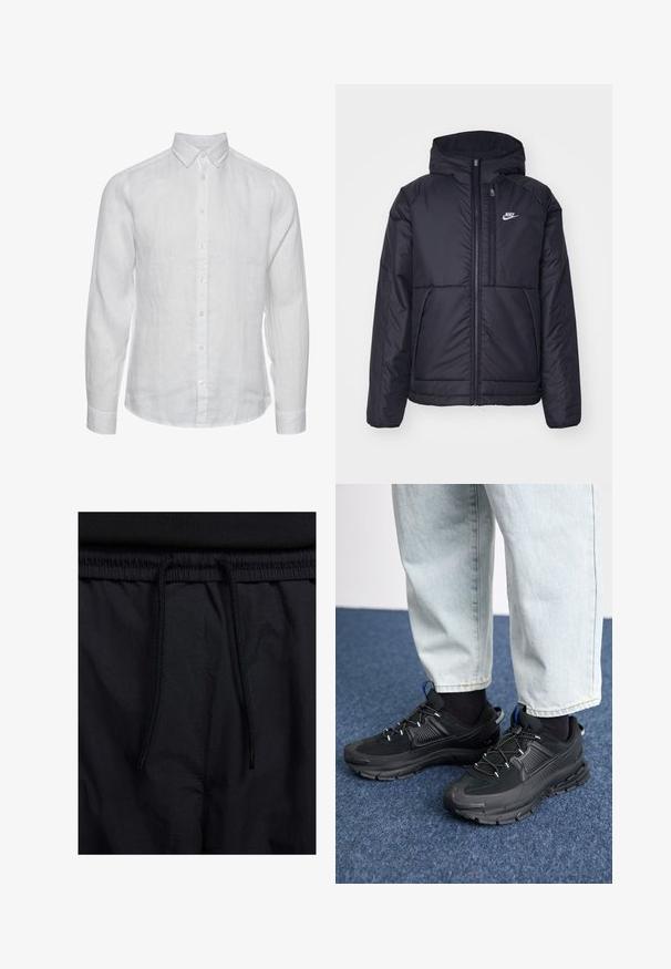 Sort, polstret Nike-jakke med frontlynlås og hætte. Har et hvidt logo på venstre bryst og to frontlommer. Glat ydre tekstur.; Hvid linned skjorte med lange ærmer og knap-ned krave, frontknaplukning og en subtil tekstureret finish. Ingen synlige mønstre eller accenter.; Sorte shorts med snoretræk i taljen, letvægtsstof med en glat tekstur og et simpelt design uden synlige logoer eller mønstre.; Sorte træningssko med tekstureret stof og gummisåler, udstyret med elastiske snørebånd og en blå detalje på hælen. Bæres med lyse denimbukser.