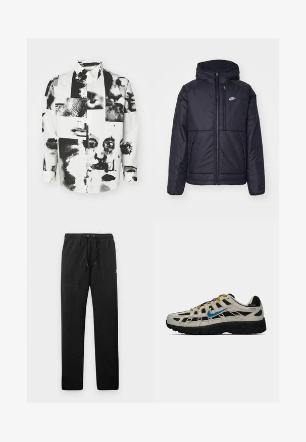Črna, podložena Nike jakna z sprednjim zadrgo in kapuco. Ima bel logo na levem prsnem delu in dvojna sprednja žepa. Gladka zunanja tekstura.; Kidsuper COLLAGE FACES BUTTON UP - Srajca - white; Črne trenirke iz flisa, z elastičnim pasom in vrvico, dvema sprednjima žepoma ter majhnim logotipom na stegnu.; Bež in črne Nike P-6000 superge z modrim logotipom, rumenimi vezalkami, črnim podplatom in oznako iz Cordura tkanine na peti.