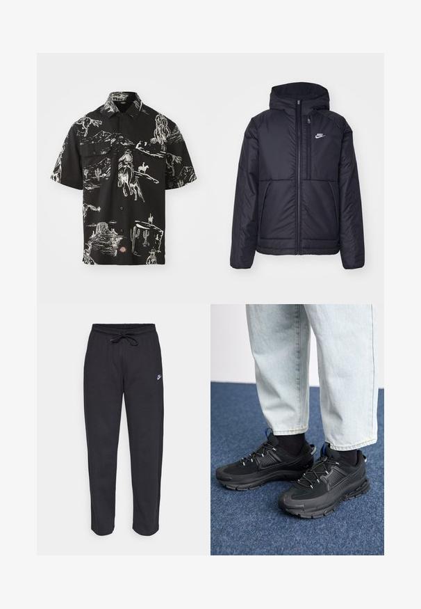Čierna, polstrovaná bunda Nike so zipsom vpredu a kapucňou. Na ľavej strane hrude sa nachádza biele logo a sú tu dva predné vrecká. Hladký vonkajší povrch.; Čierna košeľa s krátkym rukávom a bielym kovbojským motívom, s dvoma náprsnými vreckami a zapínaním na gombíky.; Čierne tepláky vyrobené z mäkkej tkaniny s elastickým pásom, sťahovacou šnúrkou a malým logom Nike na ľavom stehne.; Čierne športové topánky s textúrovanou tkaninou a gumovou podrážkou, so elastickými šnúrkami a modrým akcentom na päte. Nosia sa s svetlými riflami.