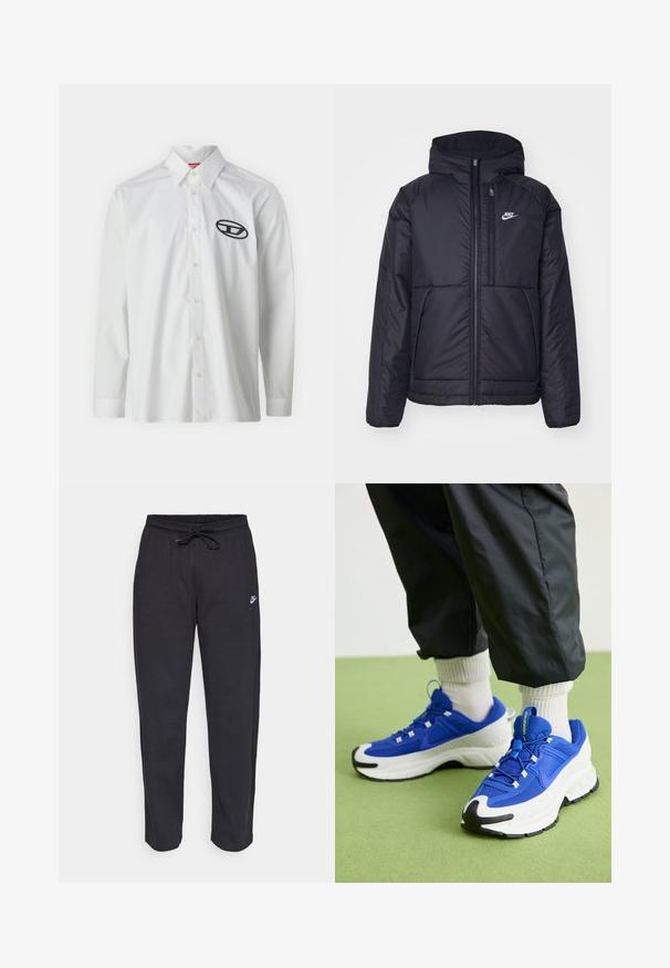 Must musta Nike jope, millel on ees lukuga avamine ja kapuuts. Vasakpoolne rind on kaunistatud valge logoga ning ees on kaks taskut. Sile välimine tekstuur.; Valge puuvillane pika varrukaga särk, millel on nööbid alla kä Snõõl ja must tikand logo vasakul rinnaku piirkonnas.; Mustad mustad, pehmest kangast, elastse vöökoha, nööriga ja väikese Nike logo'ga vasakul reiel.; Sinine ja valge sportlik jalats koos tekstuurse kangaga, silmapaistva kummitald ja mustade aktsentidega. Omab paelu ja pehmendatud disaini.