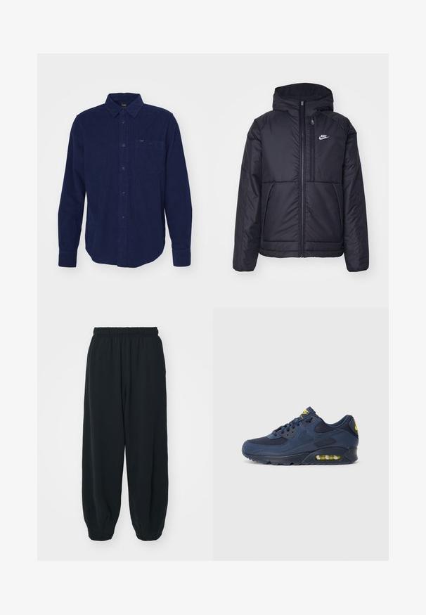 Casaco Nike preto, acolchoado, com fecho à frente e capuz. Apresenta um logo branco no lado esquerdo do peito e dois bolsos frontais. Textura exterior lisa.; Camisa de veludo cotelê azul-marinho com mangas longas, colarinho abotoado, bolso frontal e detalhe de textura subtil. Apresenta um rótulo da marca no colarinho.; Calças de fato de treino pretas, com cintura elástica e um corte solto, com punhos nas pernas, textura suave e sem padrões visíveis ou detalhes de metal.; Tenis Nike Air Max azul marinho com parte superior em camurça e malha, com detalhes amarelos, fecho de atacadores na frente e amortecimento visível na sola.