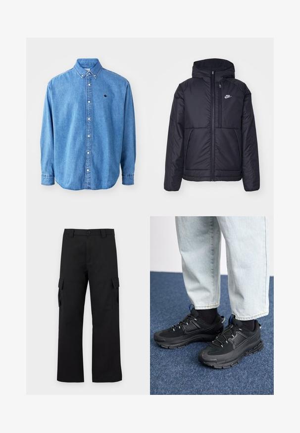 Svart, polstret Nike-jakke med frontglidelås og hette. Har en hvit logo på venstre bryst og doble frontlommer. Glatt ytterside.; Denim skjorte med knapper, lys blå i fargen, med krage, lange ermer og en liten logo på brystet. Har hvite knapper og sømmer.; Svarte cargo-bukser med rett ben-design. Laget av slitesterkt stoff, med to sidelommer med klaffelukking og knappestolpe.; Svarte sportssko med teksturert stoff og gummisåler, med elastiske lisser og en blå detalj på hælen. Brukt med lyse denimbukser.