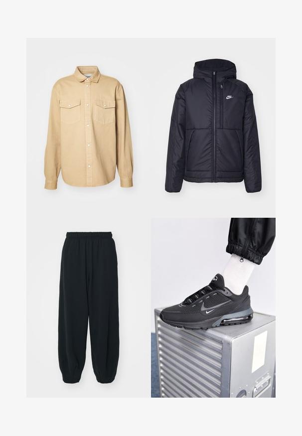 Zwarte, gewatteerde Nike-jas met een voorkant met ritssluiting en capuchon. Kenmerkt zich door een wit logo op de linkerborst en dubbele frontzakken. Gladde buitenkant.; Beige button-down shirt van katoen, met een klassieke kraag, twee borstzakken en lange mouwen met knoopmanchetten.; Zwarte, elastiche sweatpants met een losse pasvorm, manchetten aan de enkels, een zachte textuur en zonder zichtbare patronen of hardwareaccenten.; Nike Sportswear PULSE - Sneakers laag - black/anthracite