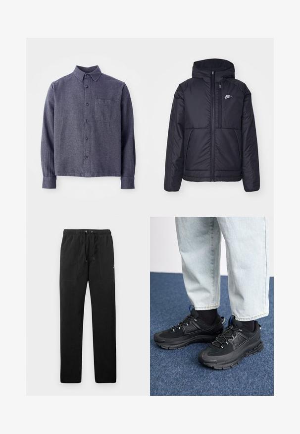 Černá zateplená bunda Nike s předním zipem a kapucí. Na levé straně hrudi má bílé logo a dvojité přední kapsy. Hladký povrch.; Pánská námořnická kostkovaná košile na knoflíky, lehká látka, límec s rozpětím, dlouhé rukávy, jedno náprsní kapsa a knoflíková délkou uzávěr.; Černé teplákové kalhoty vyrobené z fleecu, s elastickým pasem a šňůrkami, dvěma předními kapsami a malým logem na stehně.; Černé sportovní boty s texturovanou tkaninou a gumovou podrážkou, s elastickými tkaničkami a modrým akcentem na patě. Nosí se s světlými džíny.